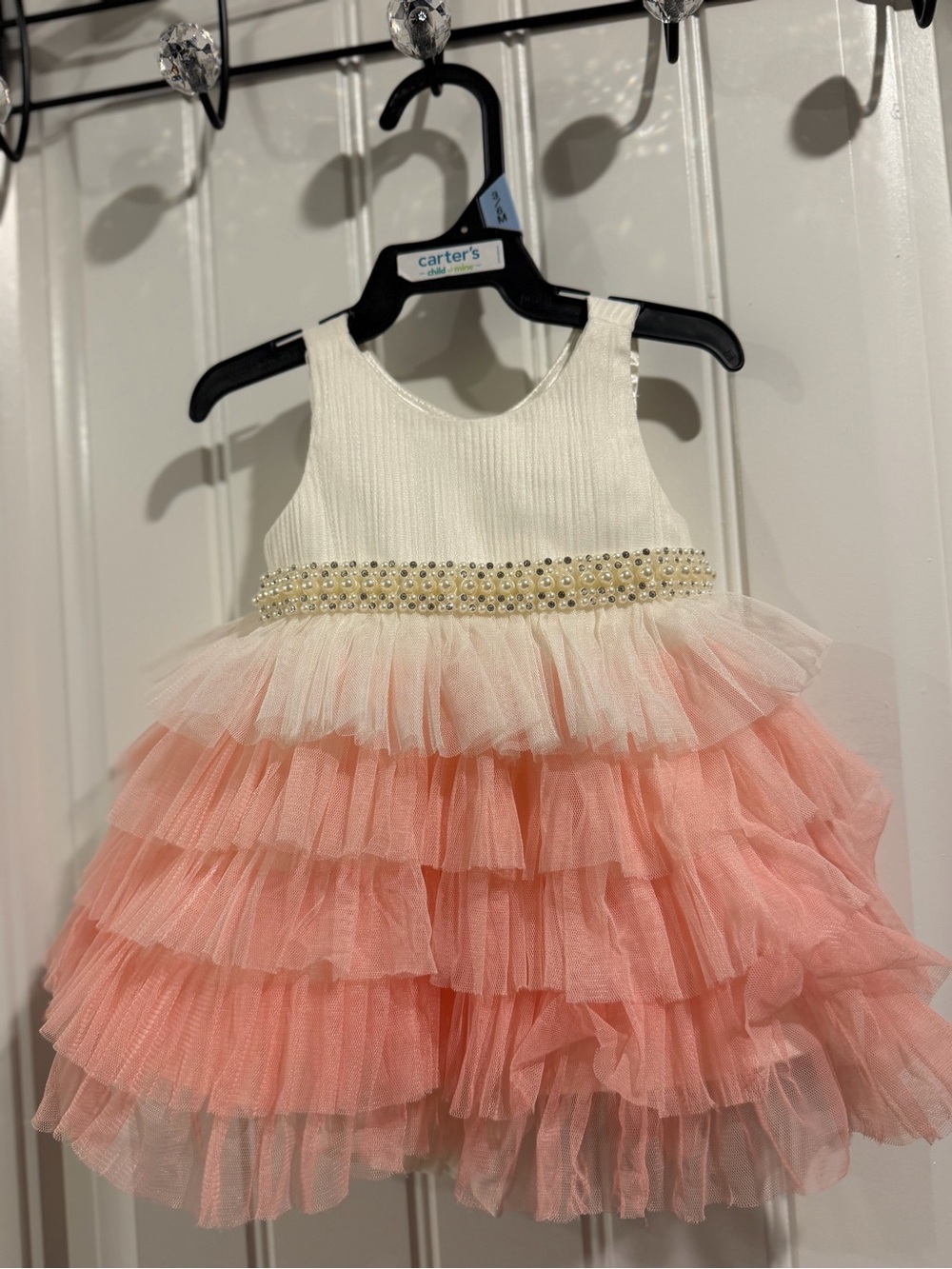 Carter's White and Peach Tiered Tulle Pearl Waist Party Dress